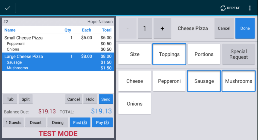 Toast POS app example showing two menu items with different sizes and their modifiers, which are priced according to size.