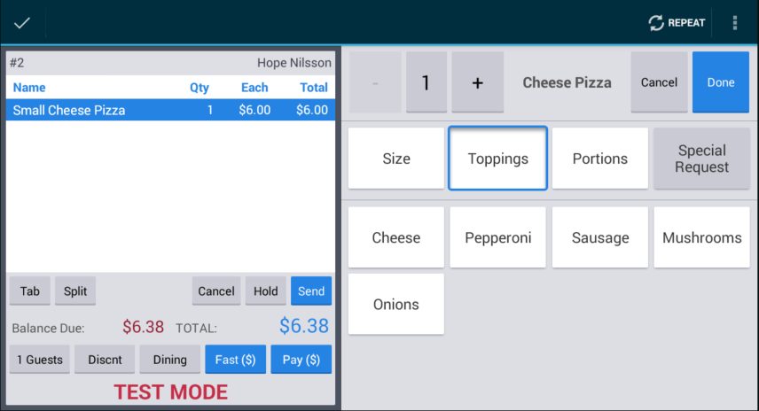 Toast POS app example showing a menu item that is priced according to its size.