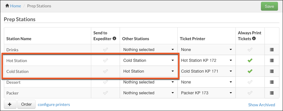 A printed ticket for the hot station with only a hot item. No ticket prints at the Cold station.