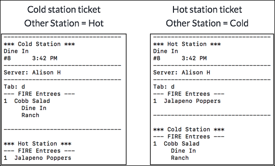 A printed ticket for the cold station with the cold then hot items, and one for the Hot station with the same items in hot then cold order.