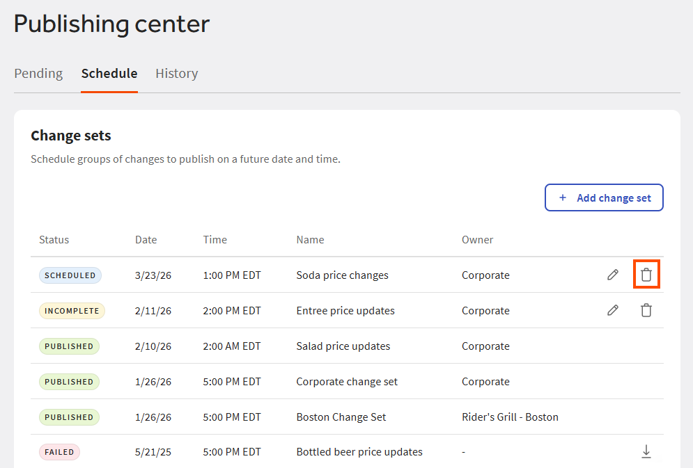 Location of the change set delete button.