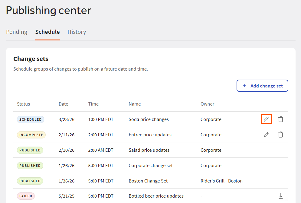 Location of the change set edit button.