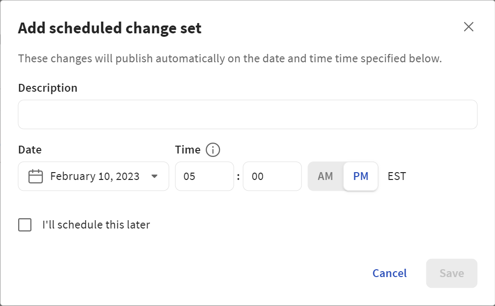 Example of the Add scheduled change set dialog box
