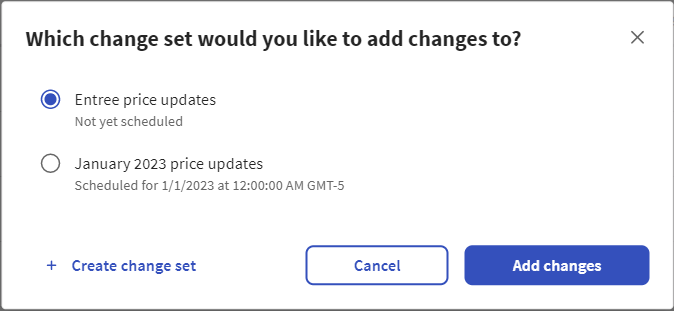 Example of the Which change set would you like to add changes to dialog box