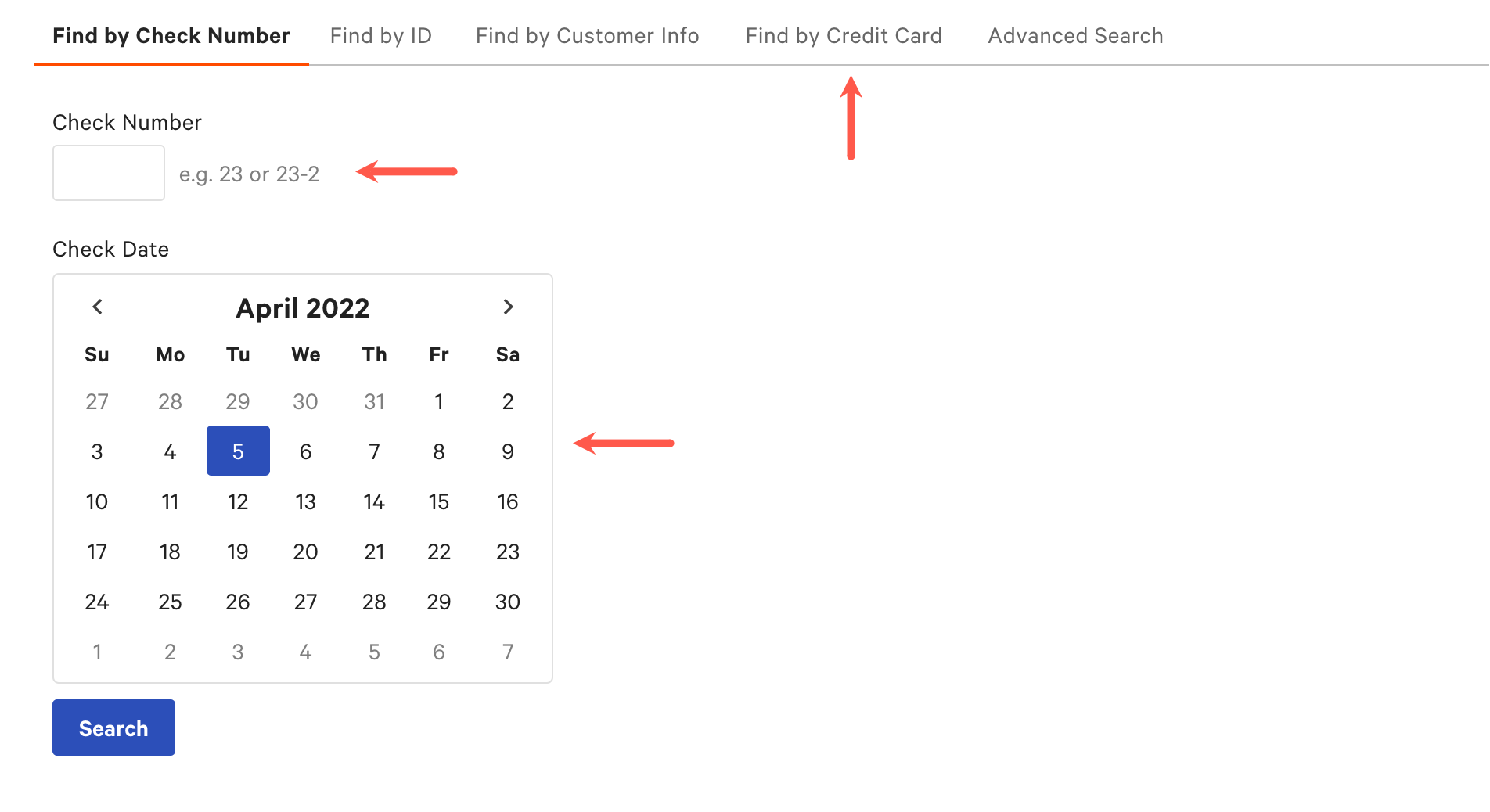 Search screen for checks, with Find by Check Number selected