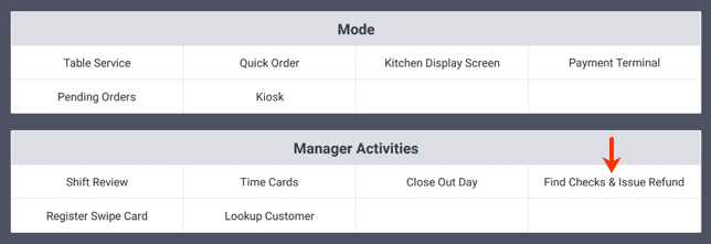 Toast POS home screen with the Manager Activities section