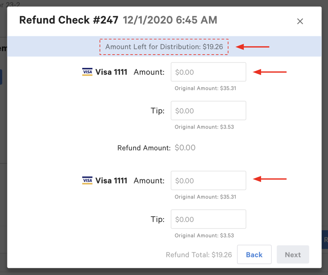 Multiple payments screen for item, entire check, and tax refunds