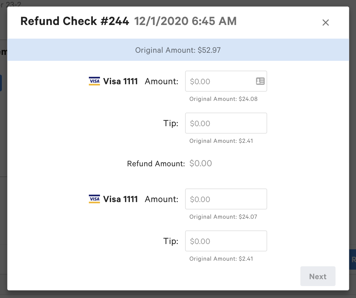 Multiple payments screen for a custom value or a tip only refund