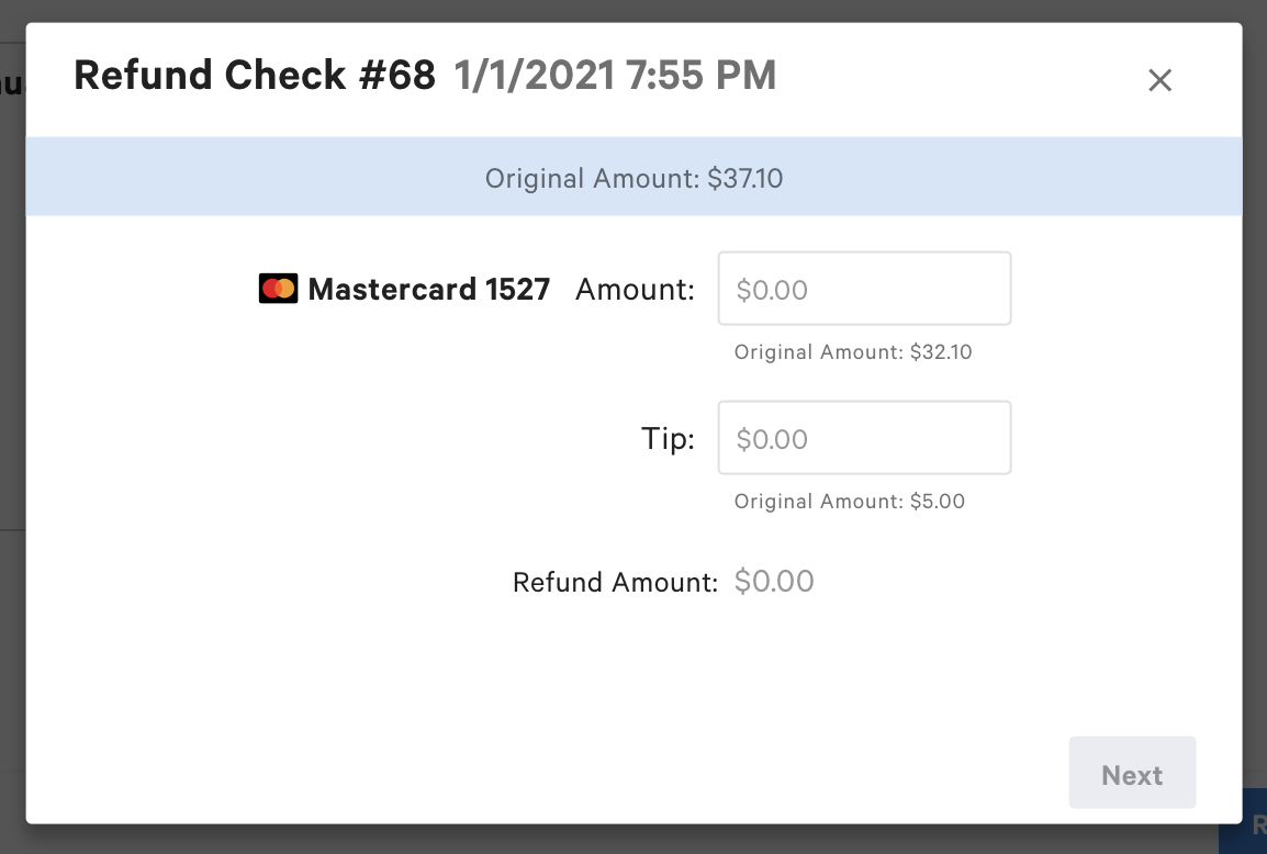 Screen to enter the custom amount and tip amount to refund