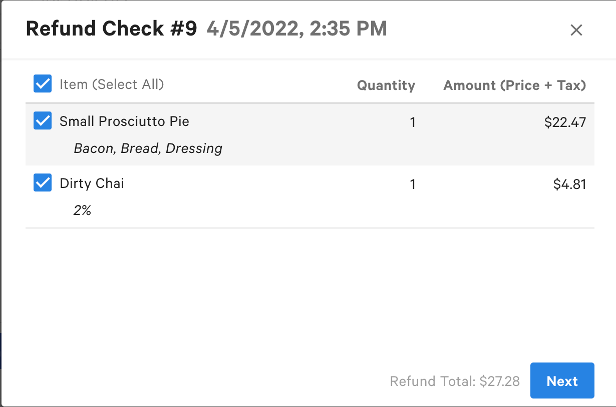 Screen to select the items and service charges to refund. By default, all items and service charges all selected.