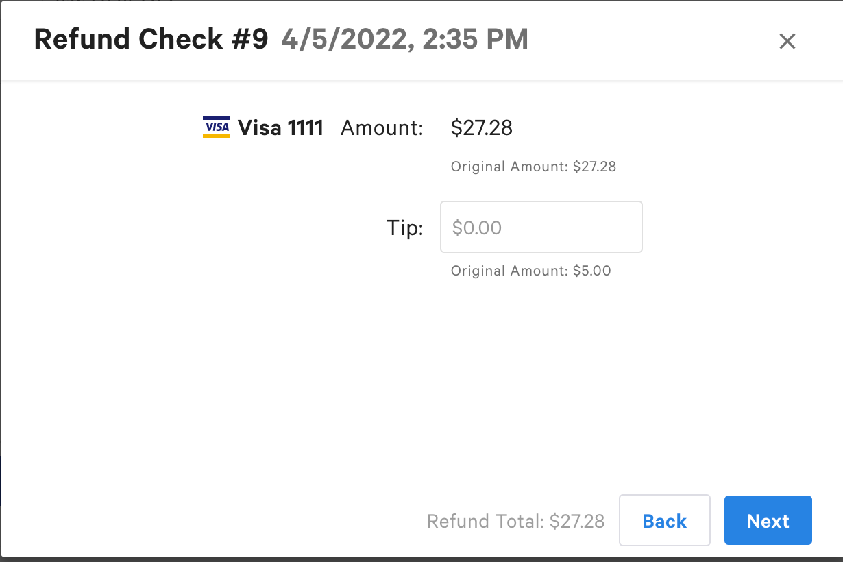 Screen to optionally refund some or all of the tip in addition to the selected items and service charges