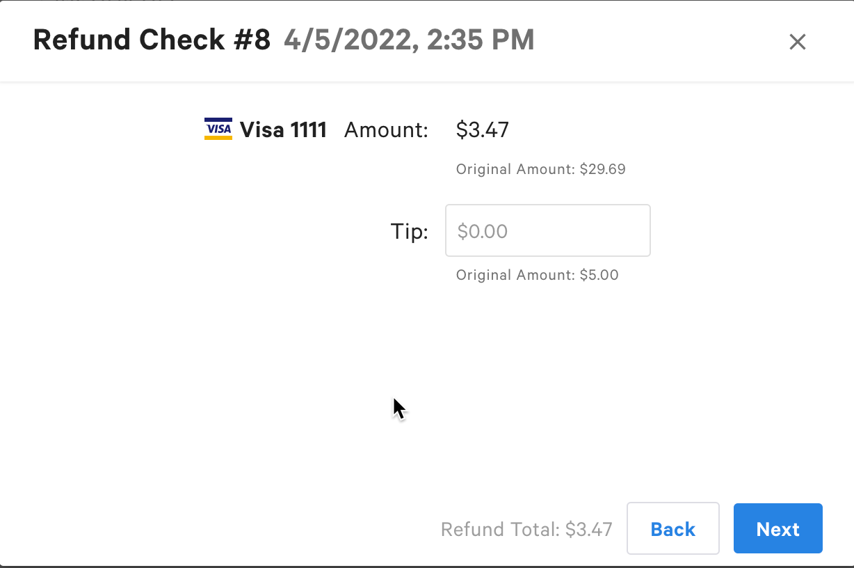 Screen to optionally refund some or all of the tip in addition to the selected items and service charges