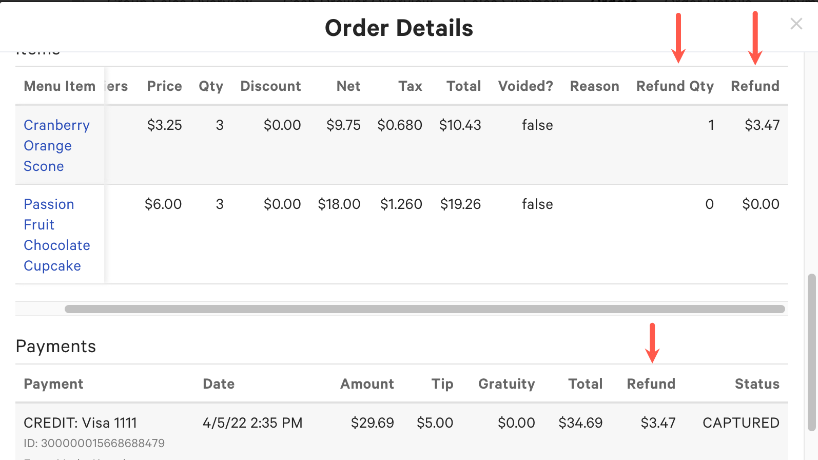 Order details page with refund values