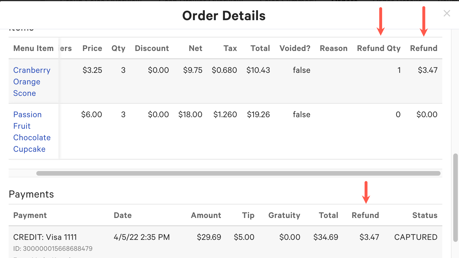 Order details page with refund values.