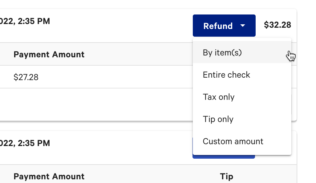 Refund drop-down with the available refund types