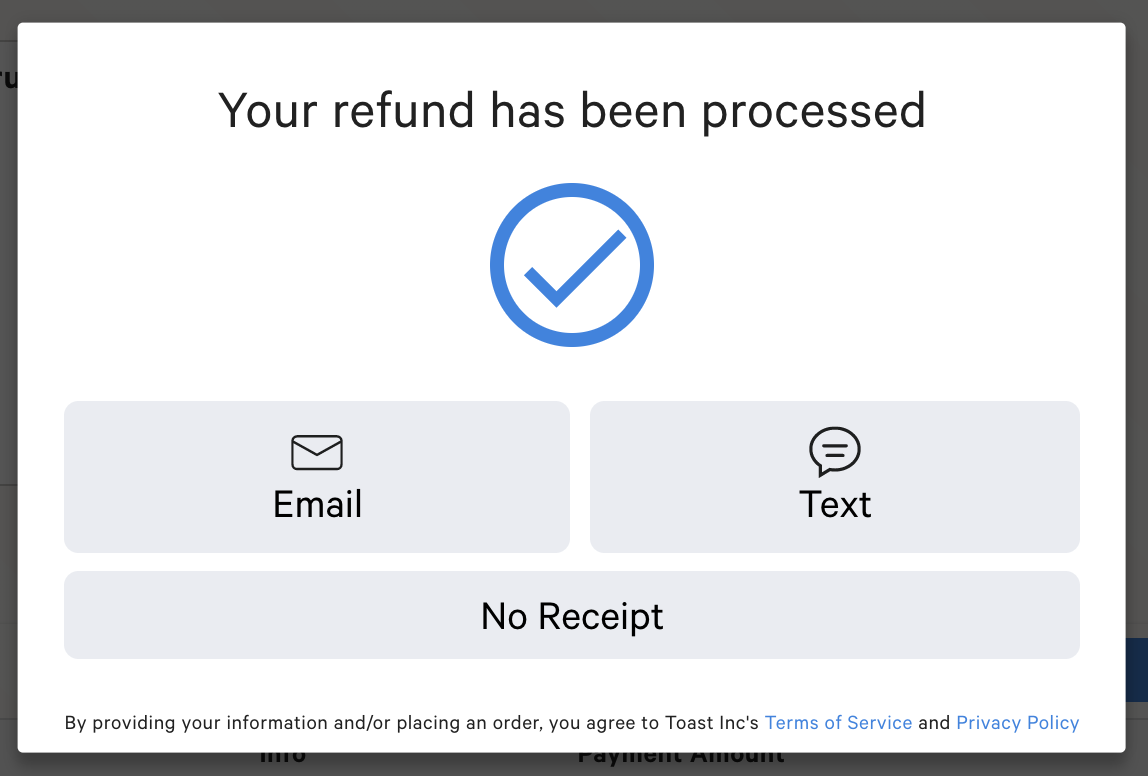 Screen to select the receipt option for the refund.
