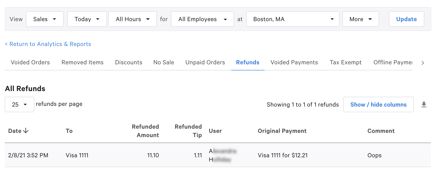 Entry in the Reports > Cash and loss management > Refunds report