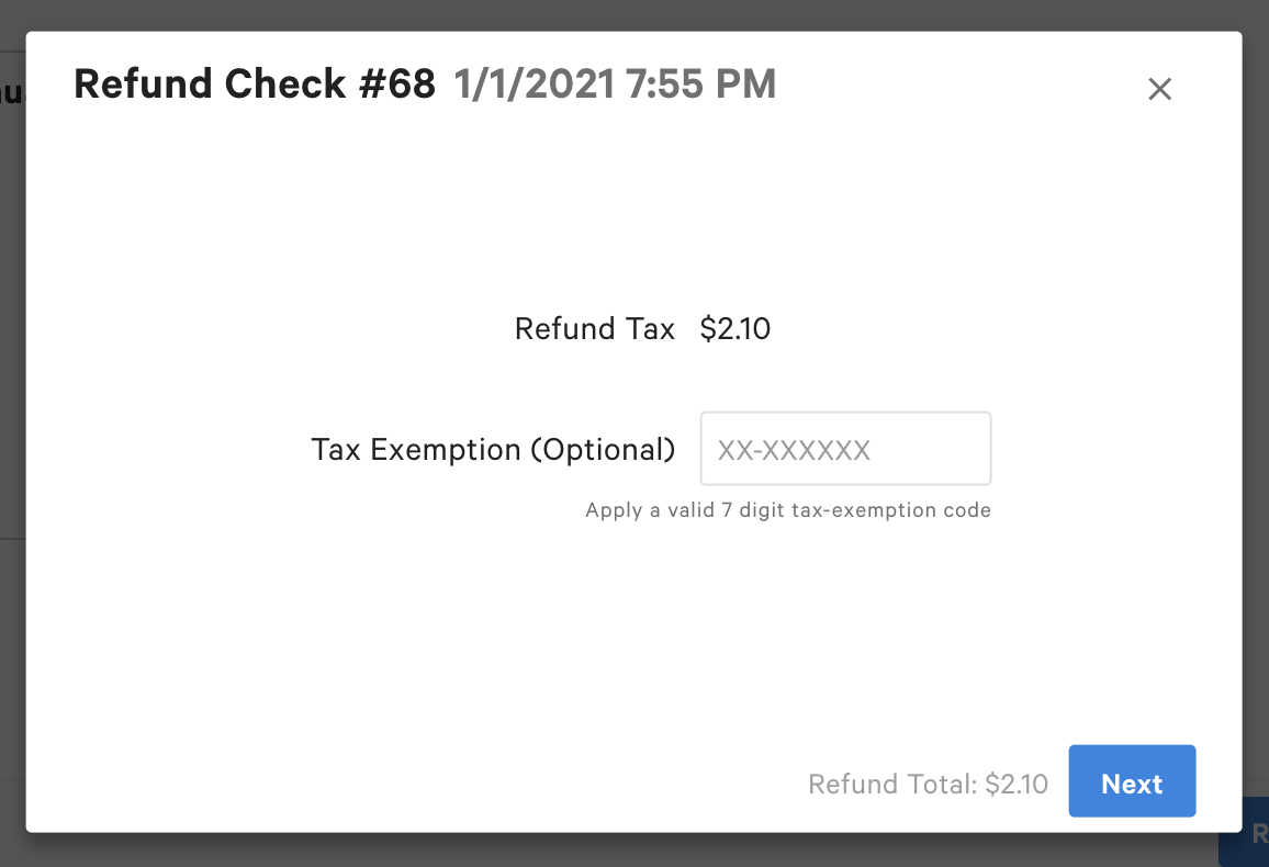 Screen to review the refund amount on the tax, and to optionally enter a tax exemption number
