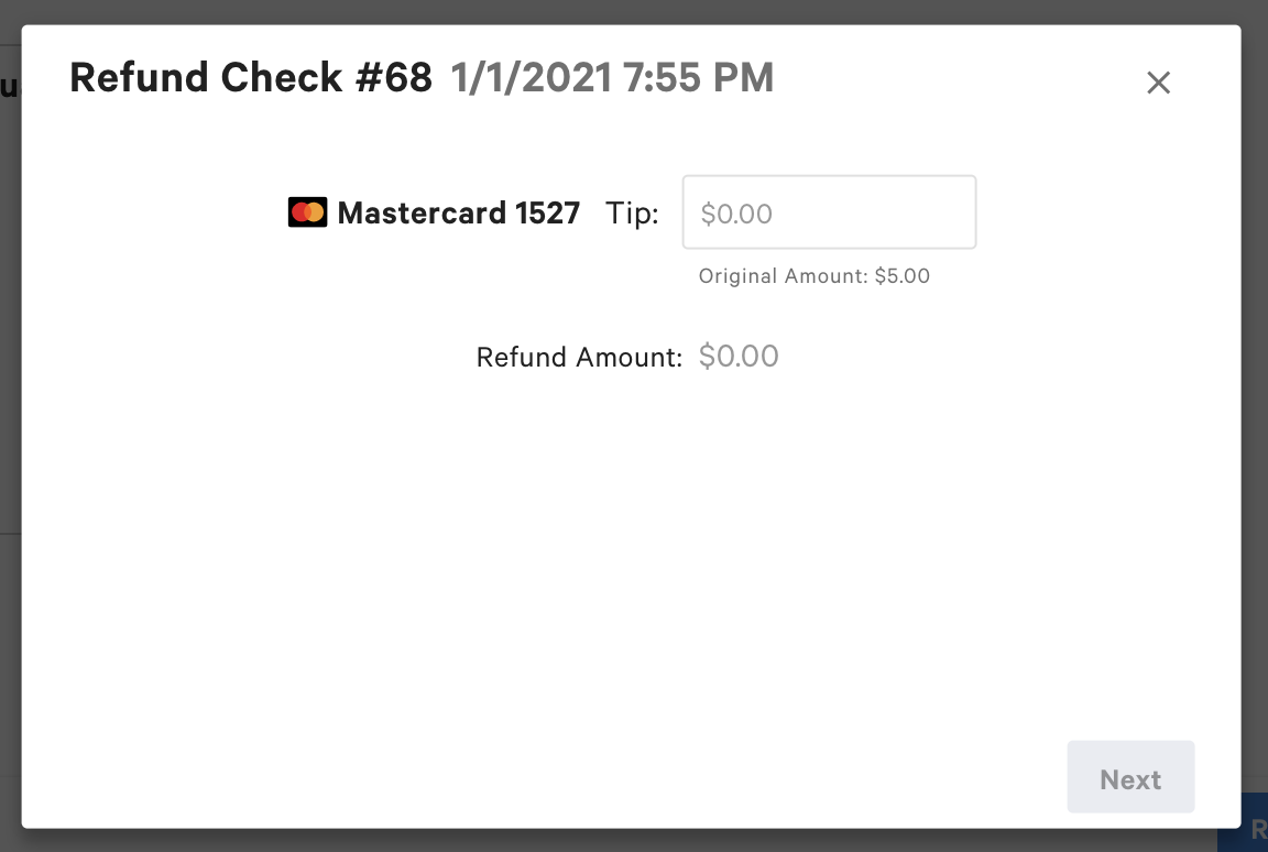 Screen to enter the amount of the tip to refund