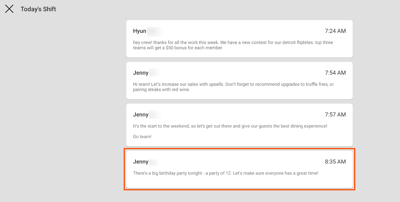 Shows the published staff note on the Today's Shift screen on a Toast POS device.