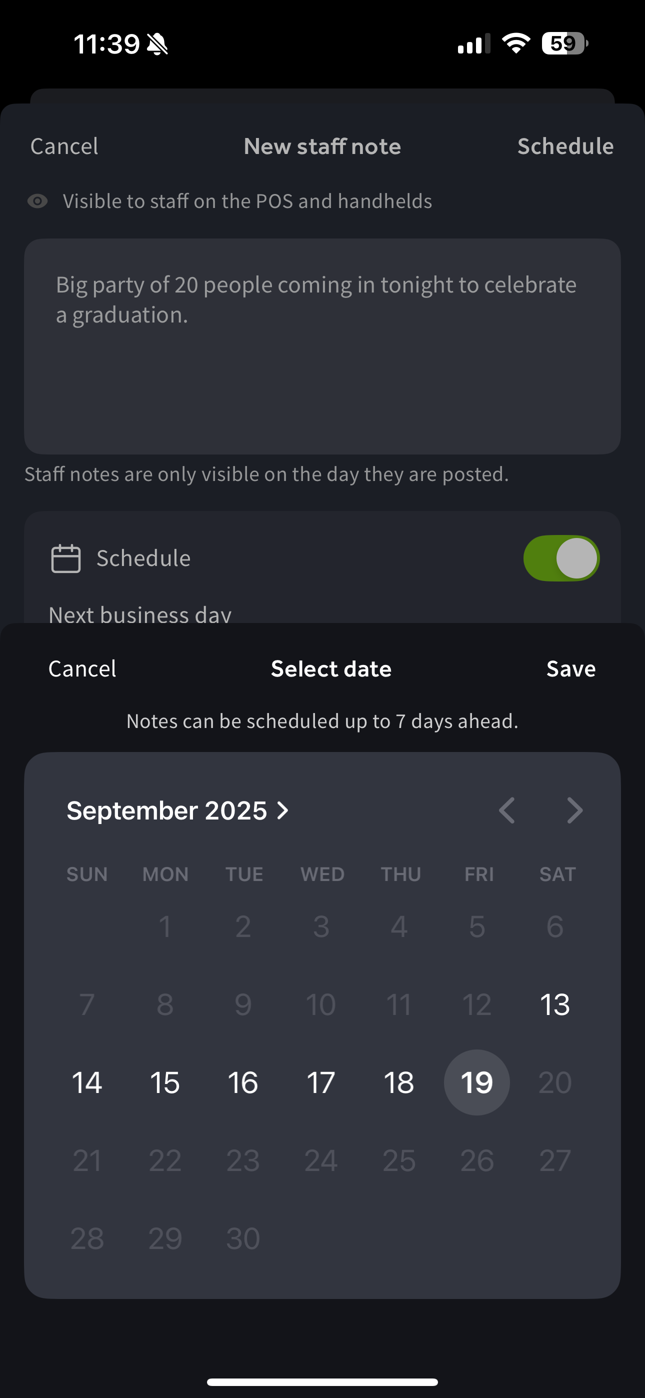 Shows a staff note and the date picker in the Toast Now app.
