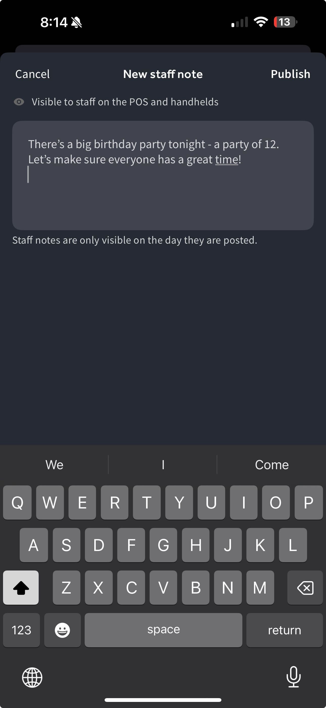 Shows a staff note on the New staff note screen in the Toast Now app.