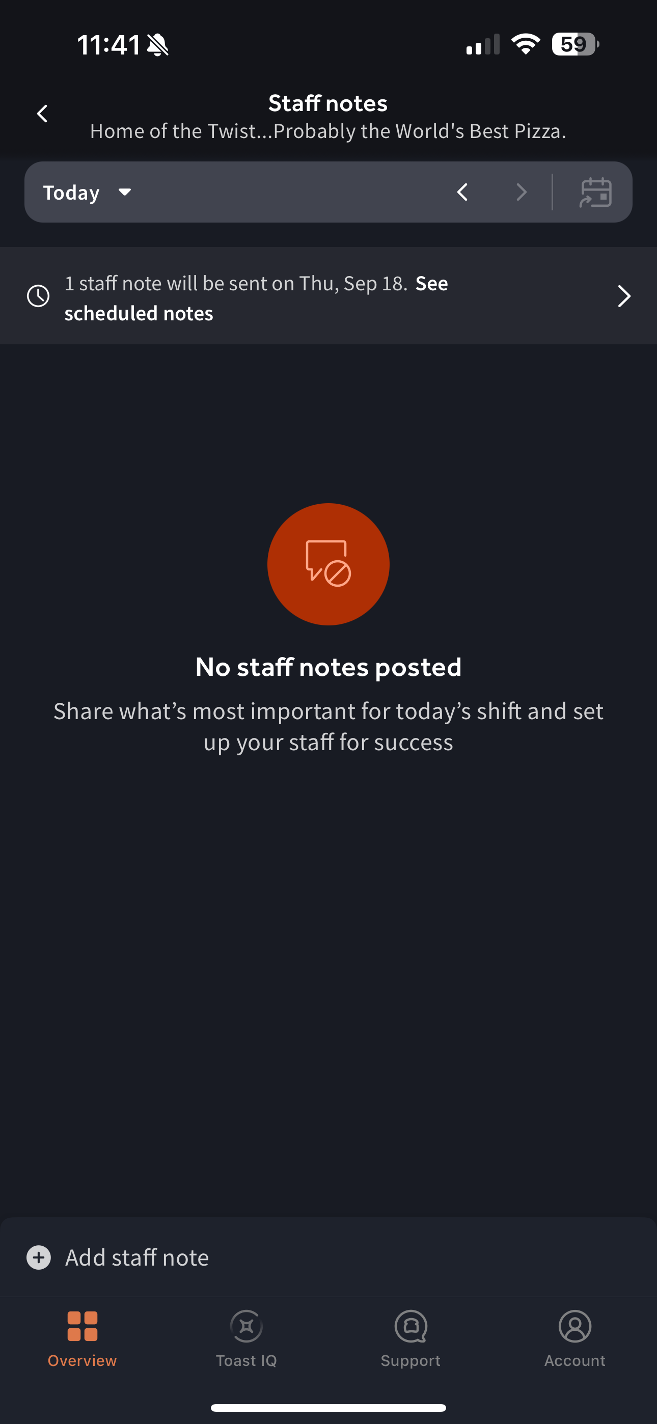 Shows a scheduled staff note notification in the Toast Now app.