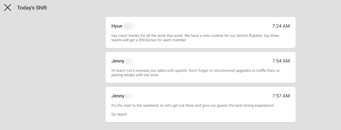 Shows staff notes on a Toast POS device.