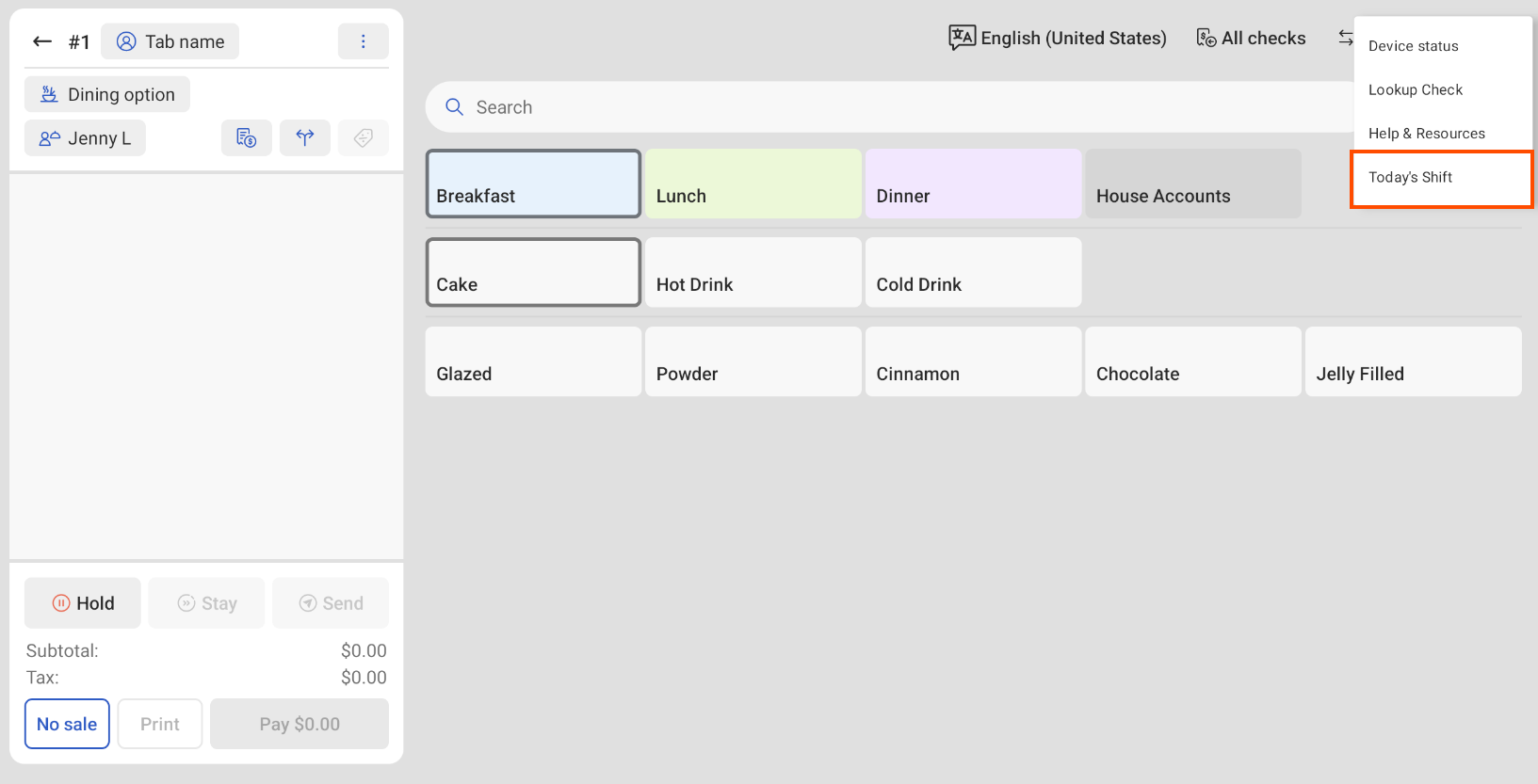 Shows the Quick Order screen with Today's Shift emphasized in the overflow menu.