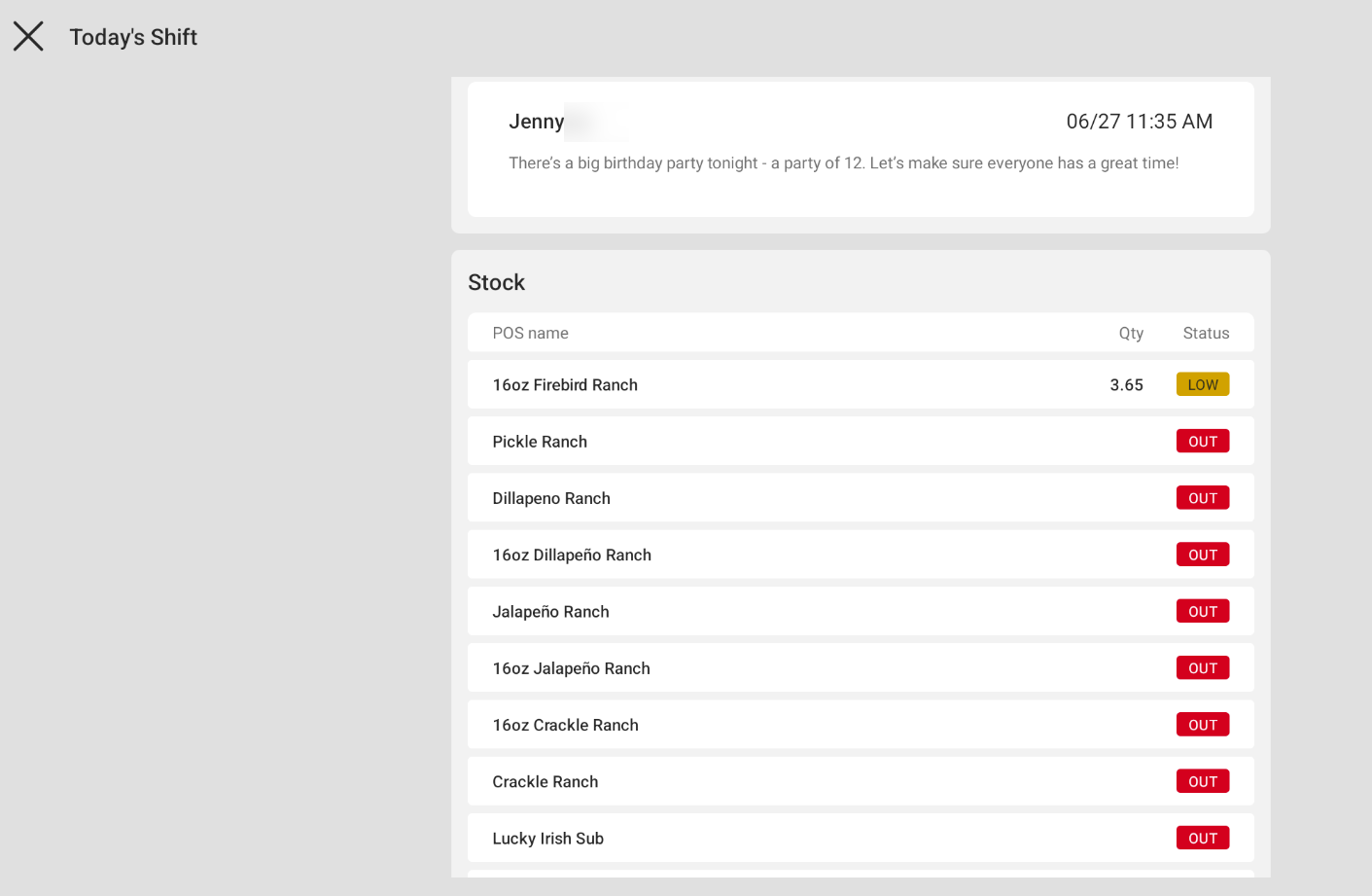Shows menu item statuses on the Today's Shift screen on a Toast POS device.