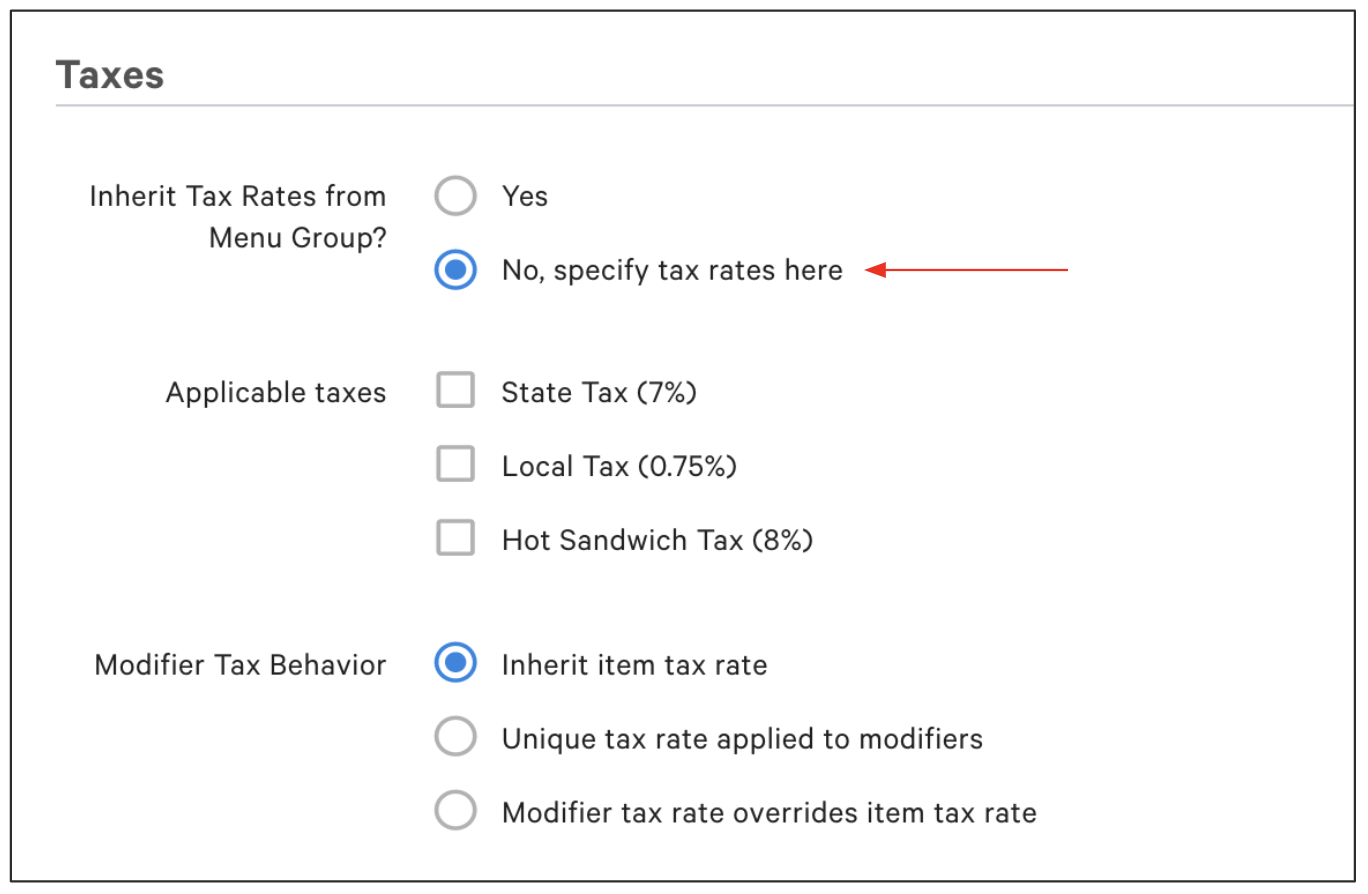 Selecting the option to specify tax rates here.
