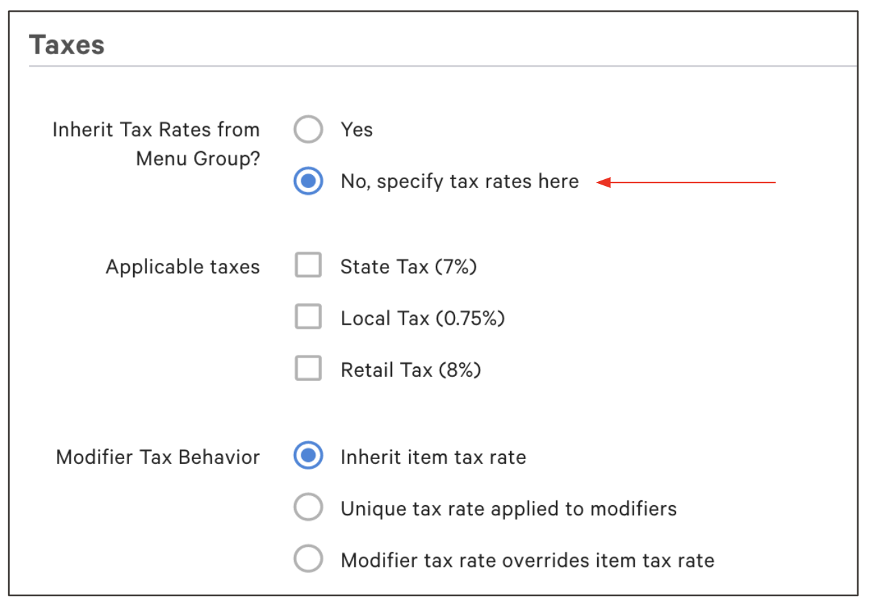 Selecting the option to specify tax rates here.