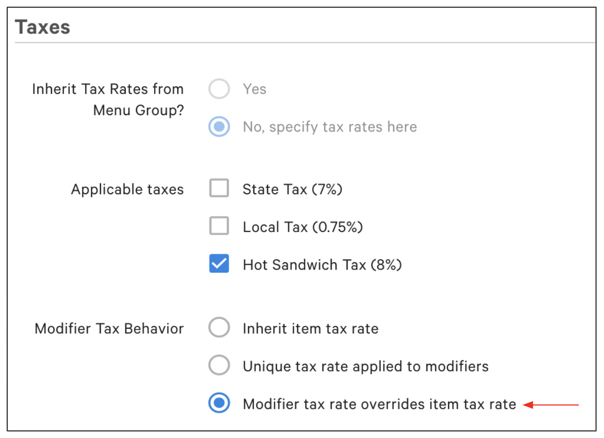 Selecting the override tax tax rate for the modifier.