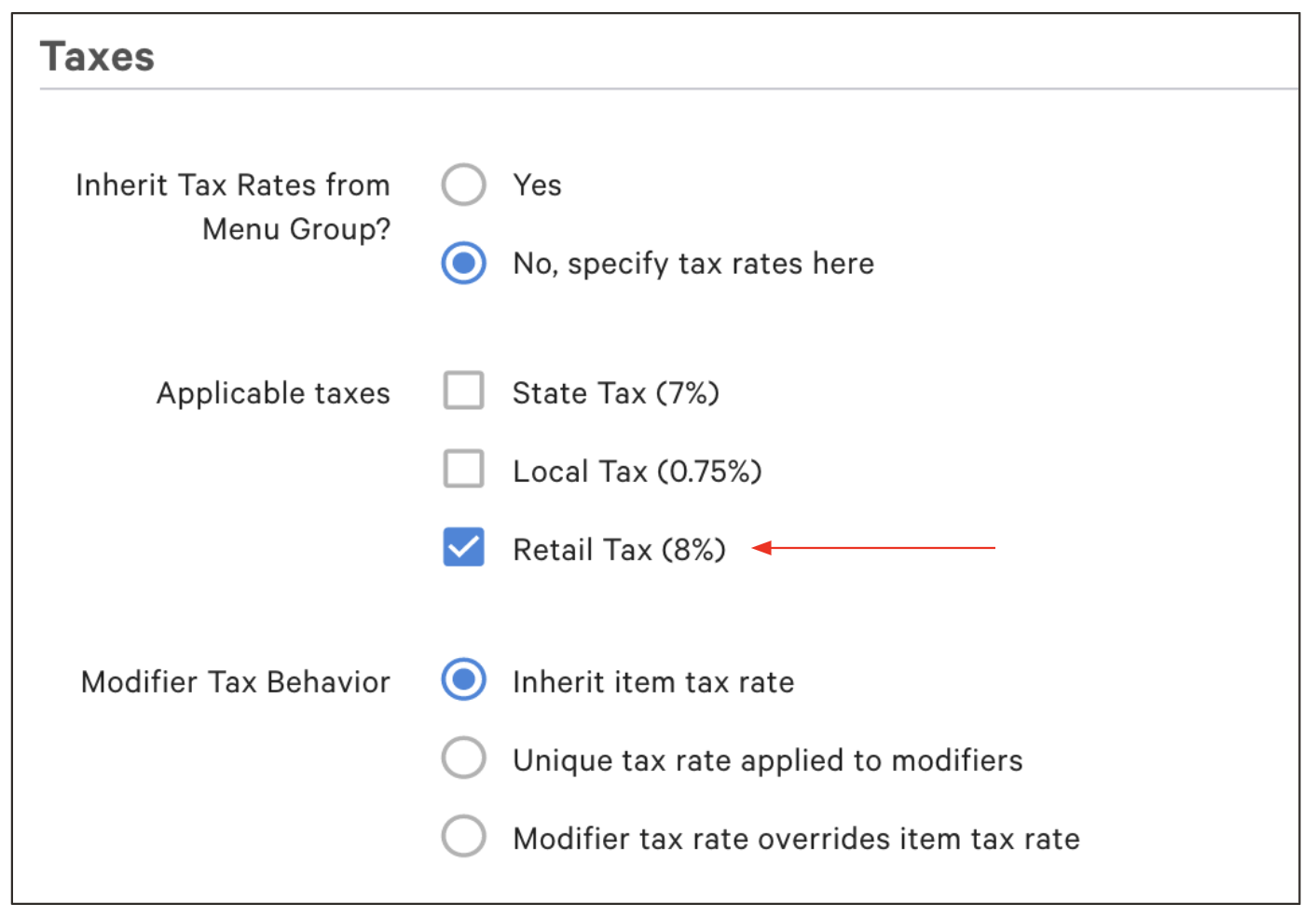 Selecting a configured tax rate for the modifier.
