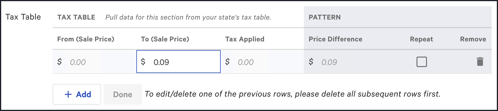 Configuring the first (no-tax) bracket when building the Tax Table in the New tax rate page.