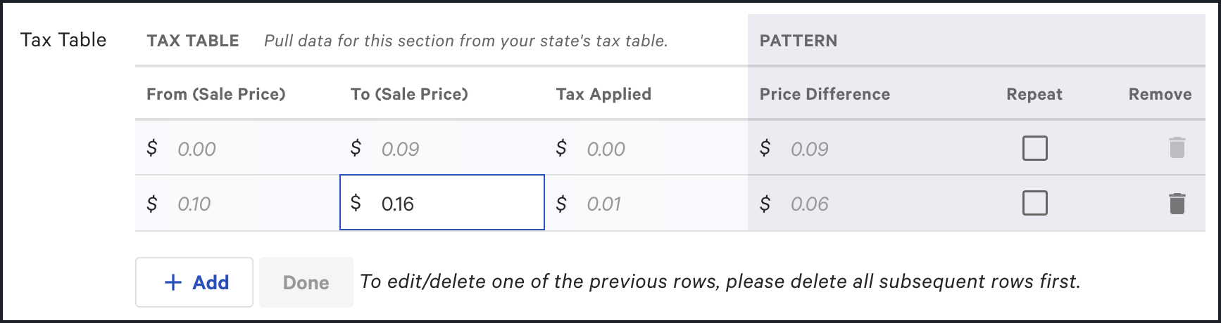 Configuring the second tax bracket when building the Tax Table in the New tax rate page.