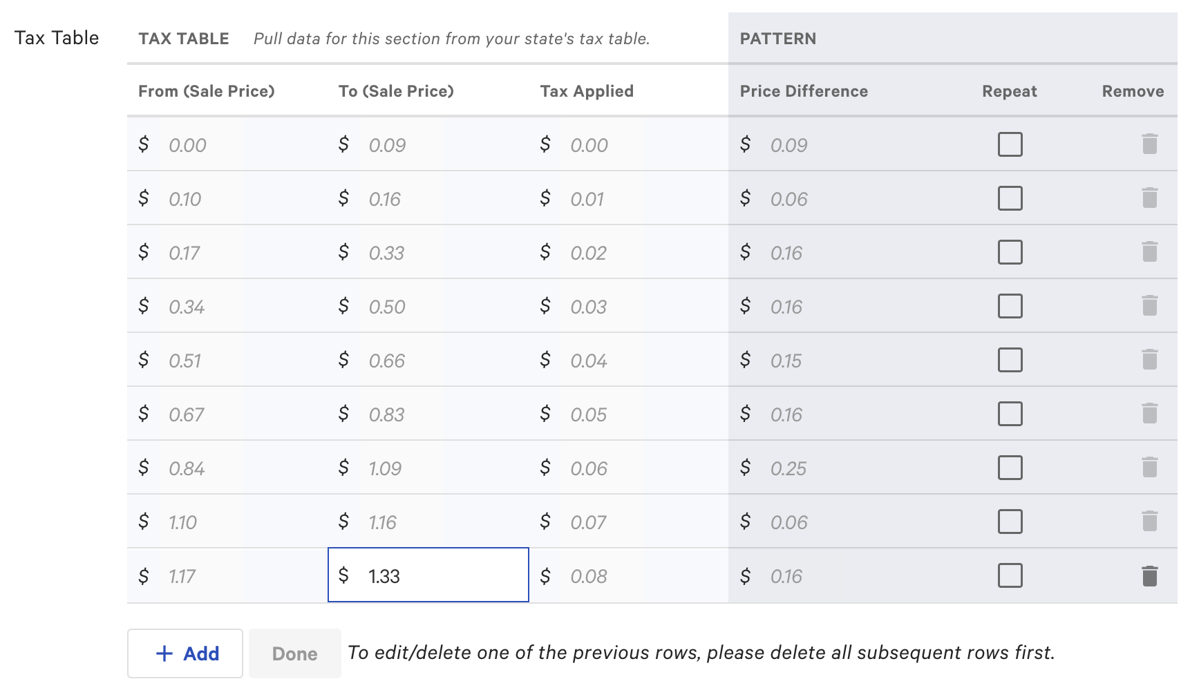 Continue adding tax brackets when building the Tax Table in the New tax rate page.