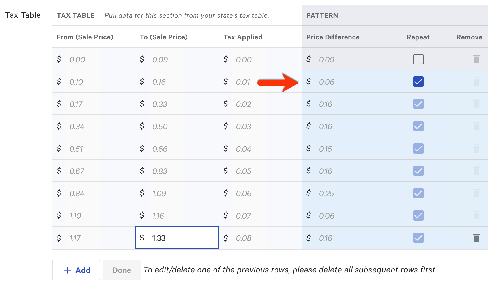 Finding the tax pattern when building the Tax Table in the New tax rate page.
