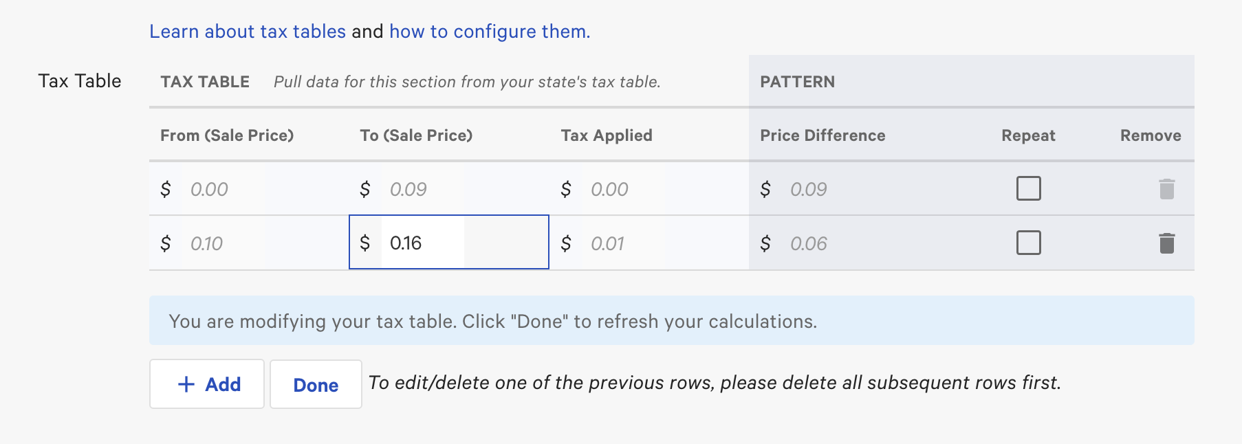 Configuring the second tax bracket when building the Tax Table in the New tax rate page.