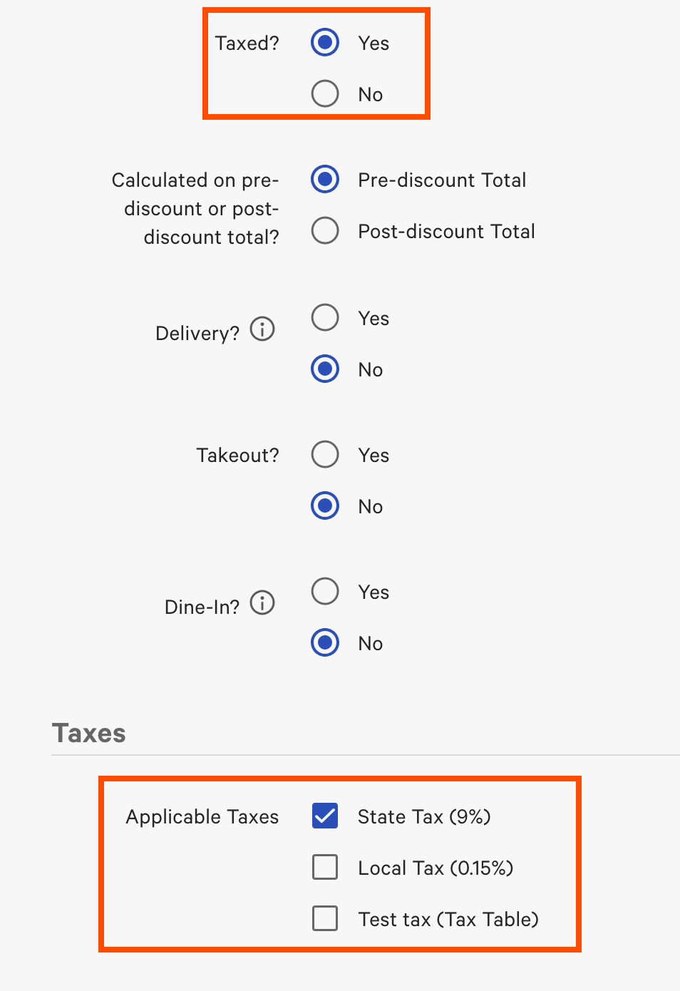 The Taxes configuration option for a service charge.