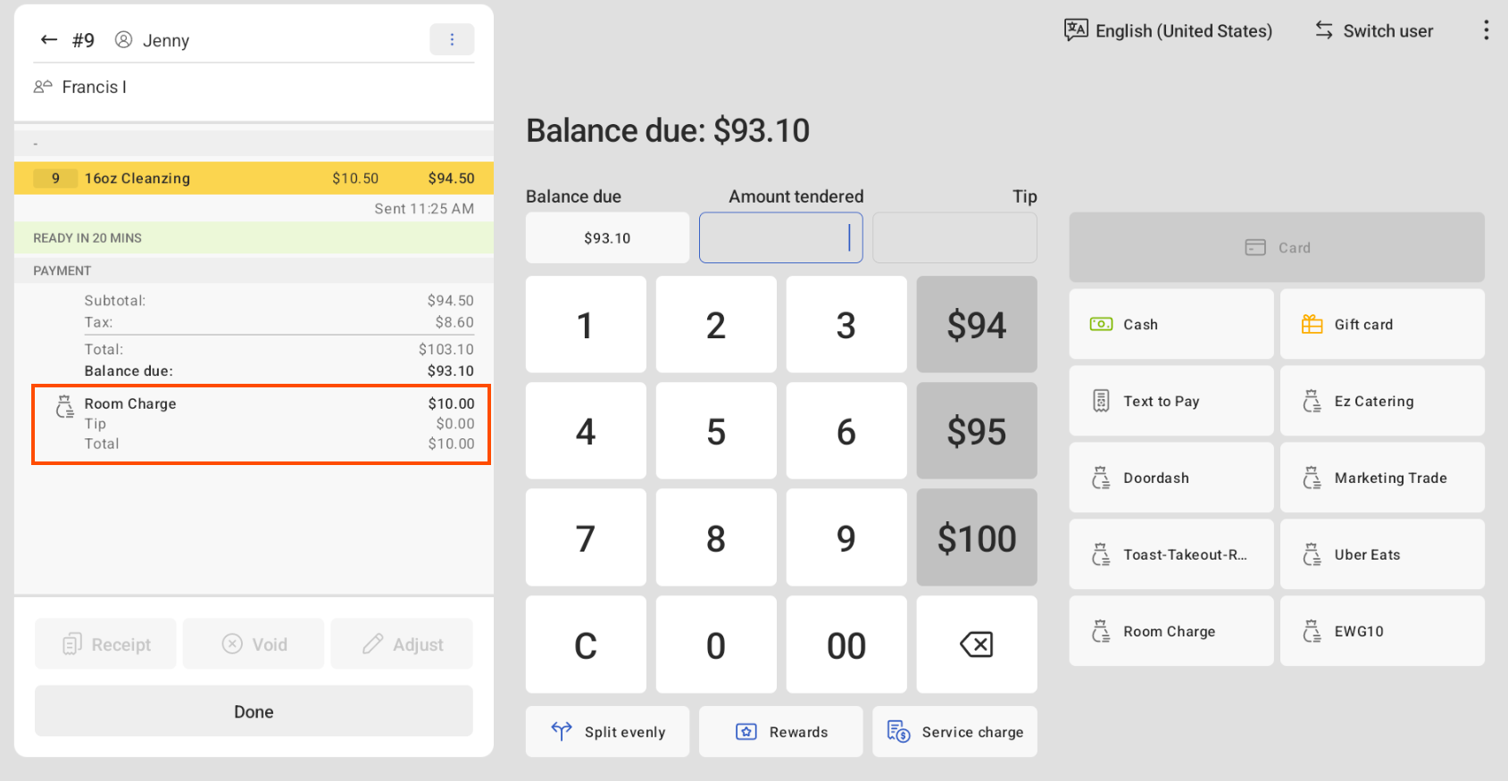 This image emphasizes the room charge on the Payment Terminal screen.