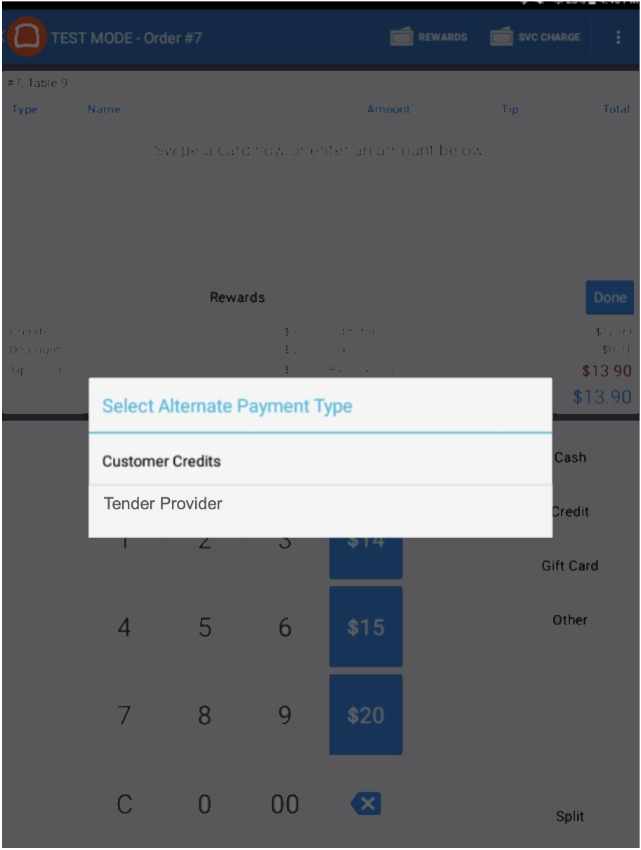 A screenshot of the Select Alternate Payment Type screen, showing tender providers.