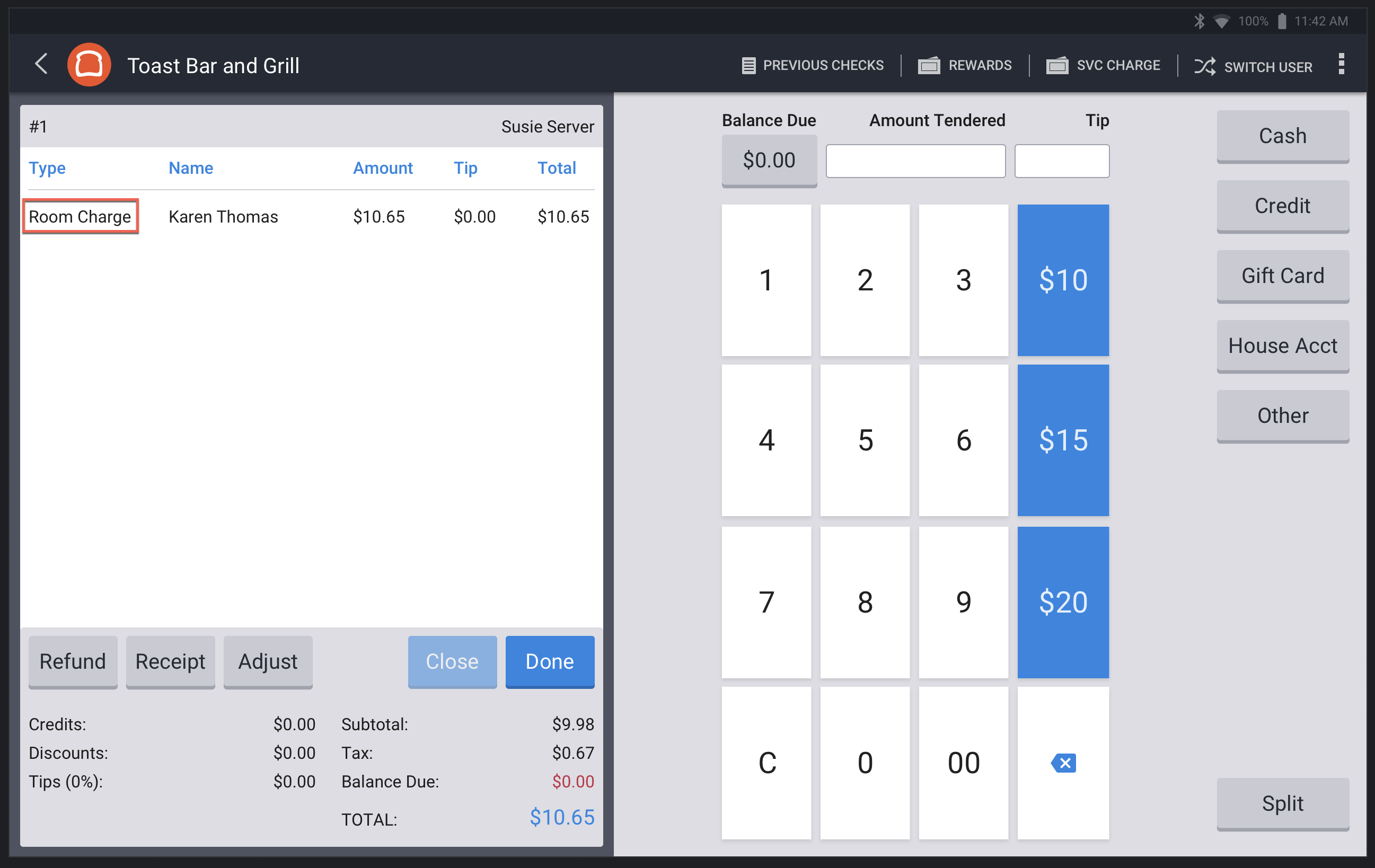 A screenshot of a check on the Toast POS device, showing the room charge.