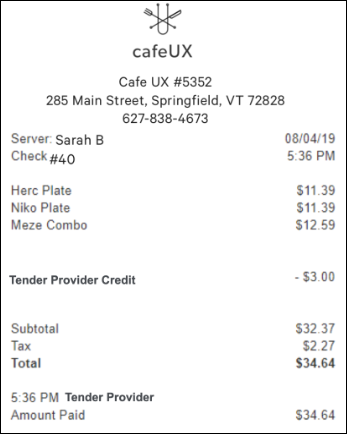 An example of a printed receipt with a check-level discount applied and the remainder paid for through the tender provider app.